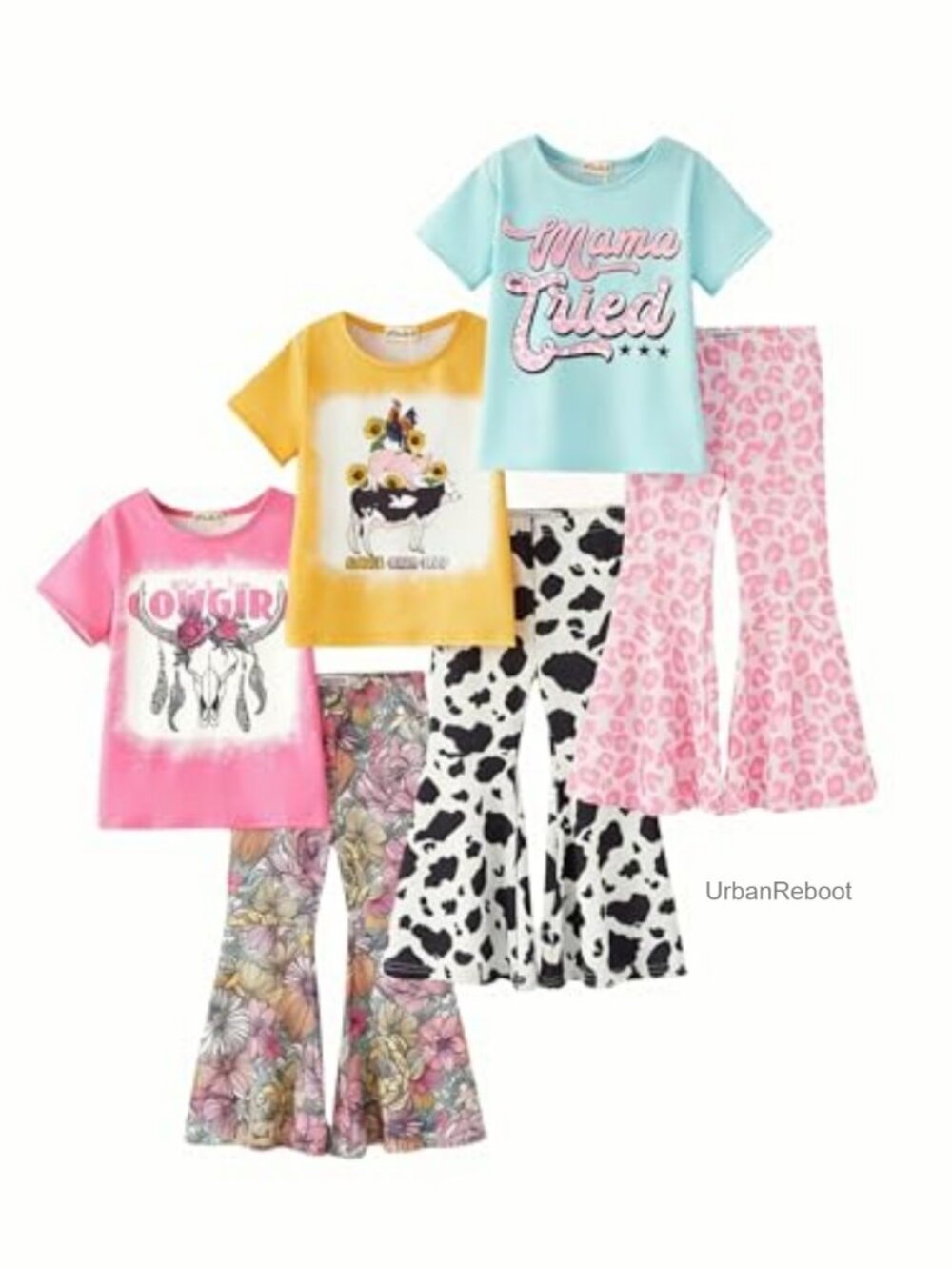 Girls 3-Pack Graphic Tee & Flare Pants Set Stretchy Outfit Toddler Kids